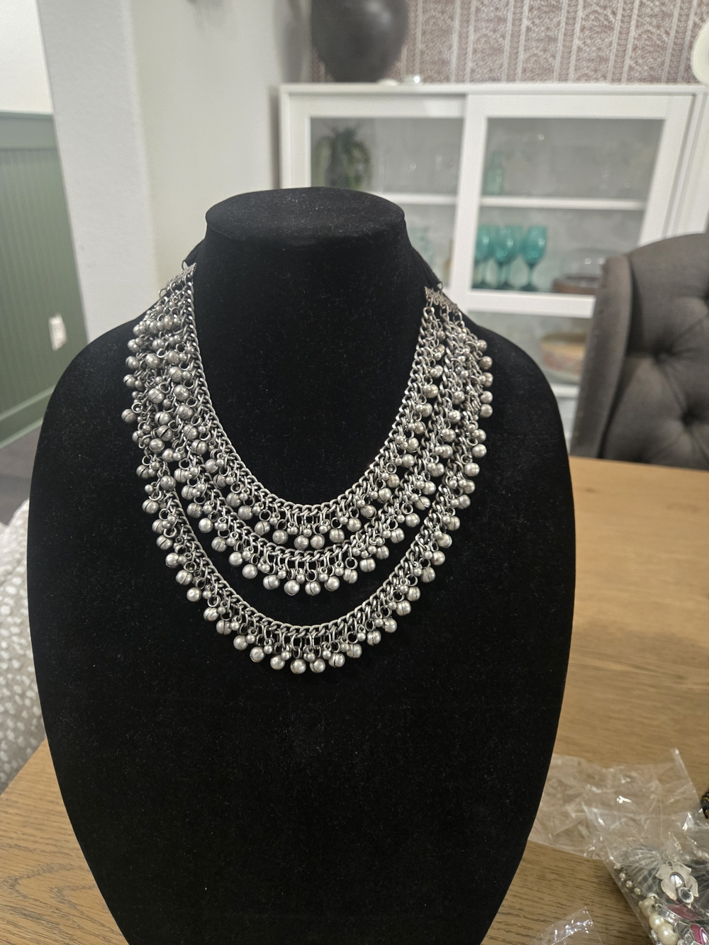 Boho Silver Tone Tiered Bead Fringe Necklace - Women Jewelry
